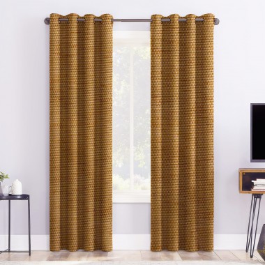 Self Textured Golden Polyester Blackout Curtain (2 Panels)
