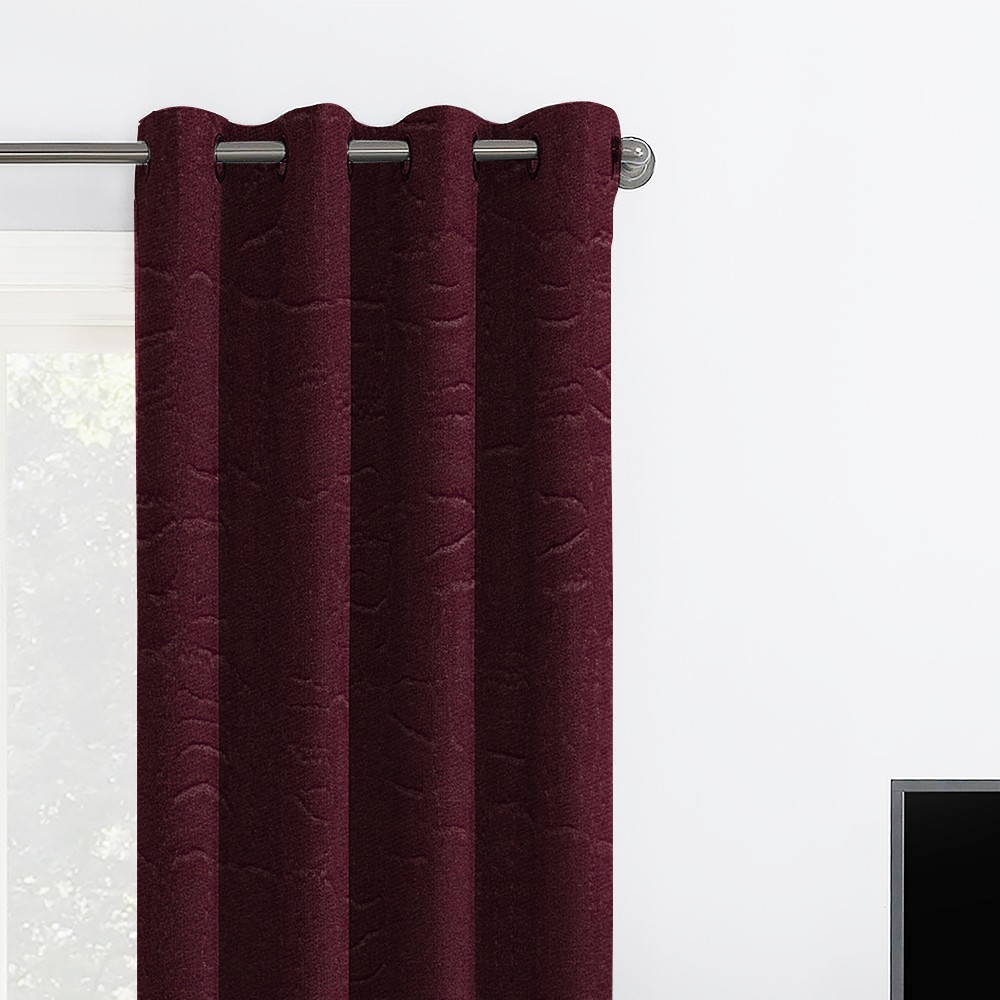 Self Textured Maroon Dark Polyester Blackout Curtain (2 Panels)