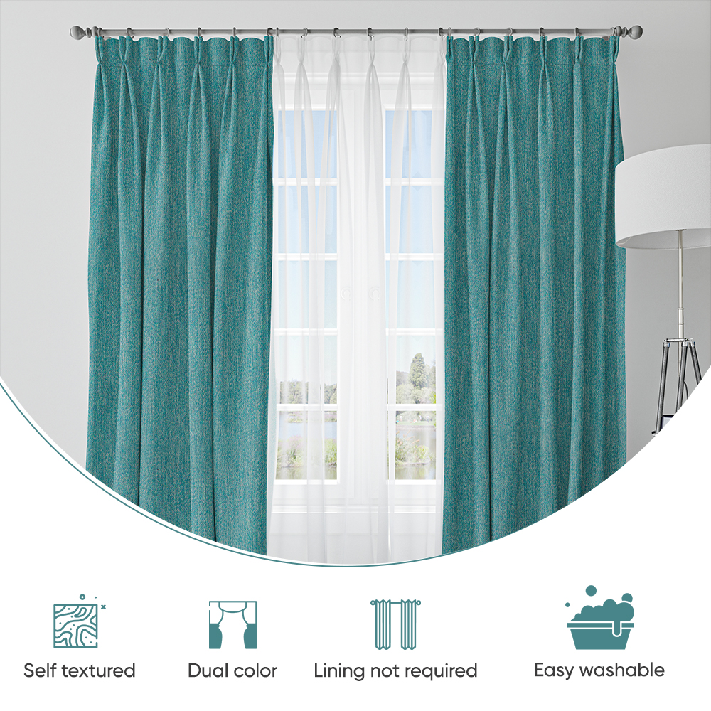 Self Textured Sea Green Polyester Blackout Curtain (2 Panels)